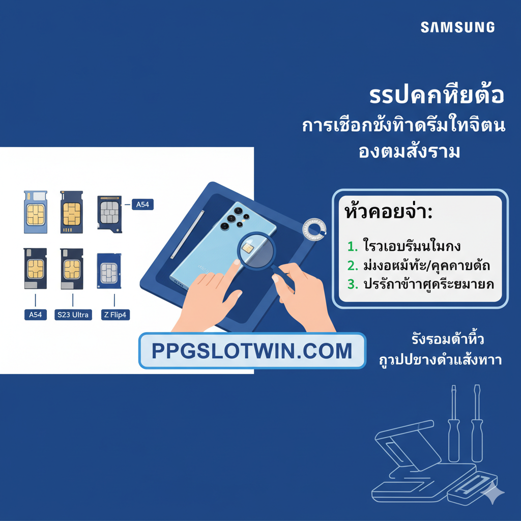 ภาพรวมของอุปกรณ์และอะไหล่ที่เกี่ยวข้องกับการเปลี่ยนถาดซิม ประกอบด้วยถาดซิม Samsung รุ่นต่างๆ วางเรียงกันอย่างเป็นระเบียบ (เช่น ถาดซิม A54 และ S23) พร้อมป้ายแท็กหรือป้ายราคาแบบมินิมอล มีเลนส์ขยายหรือมือที่กำลังตรวจสอบความเข้ากันได้ของถาดซิมกับโทรศัพท์ เน้นโทนสีที่น่าเชื่อถือเช่นสีน้ำเงินและสีขาว เพื่อสื่อถึงคู่มือการเลือกซื้ออะไหล่ทดแทนที่ถูกต้องและครบถ้วน