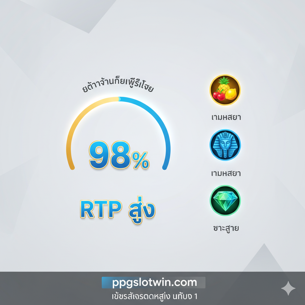 An infographic-style image illustrating the core feature of 'High RTP/Gacor Games'. The main focus should be a clean, modern dashboard or interface screen displaying a stylized 'RTP' meter or graph showing a percentage (e.g., 98%) prominently. Beside the graph, show three small, recognizable icons representing different slot game types (e.g., a fruit, a Pharaoh's mask, a diamond). Use a clean white or light background with vibrant, contrasting colors for the data points (blue, green, and gold) to symbolize wealth and transparency. The composition should be clear, professional, and visually emphasize data-driven fairness.
