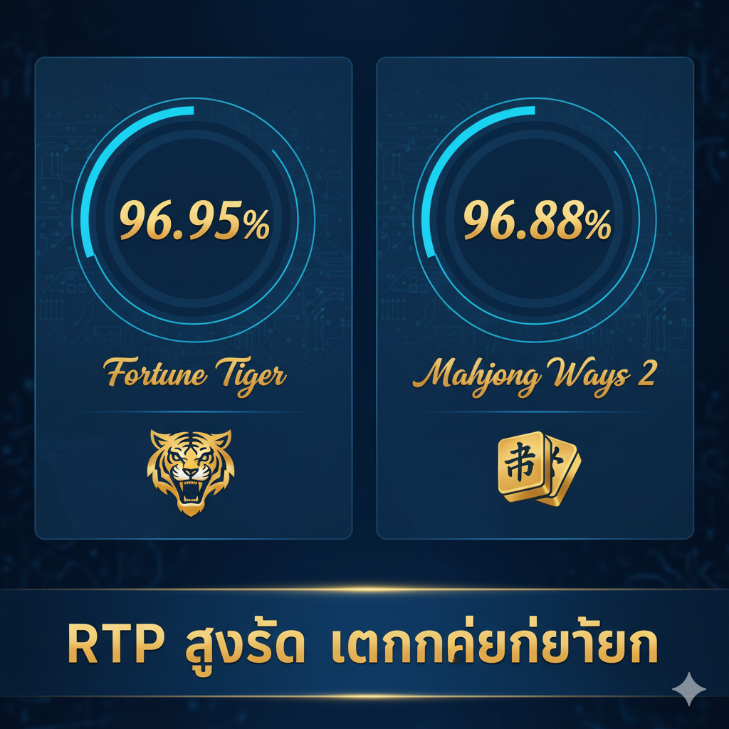 ฟังก์ชันภาพ: แสดงRTPสูงและเกมสล็อตไอคอนเช่น Fortune Tiger และ Mahjong Ways 2 ด้วยสีน้ำเงินและทอง