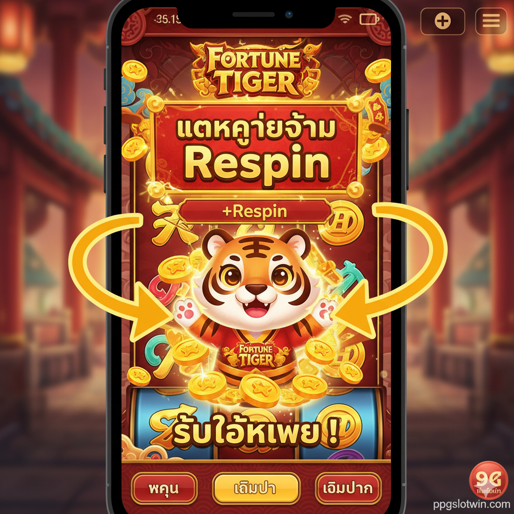 ภาพสอน: หน้าจอ Fortune Tiger สล็อตที่มีสัญลักษณ์เสือหรือ Fu Bat เน้น Respin หรือ Jackpot พร้อมข้อความแนะนำเป็นภาษาไทย