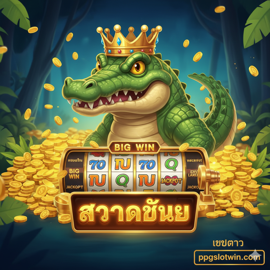 一张吸引สายตาของ封面图 ในรูปแบบไทยๆ มีจระเข้การ์ตูนที่ดุดัน พร้อมด้วยสมบัติกองโต และสัญลักษณ์ BIG WIN บนตู้สล็อต มีสัญลักษณ์ “เว็บตรง” และ “ppgslotwin.com” ที่โดดเด่น