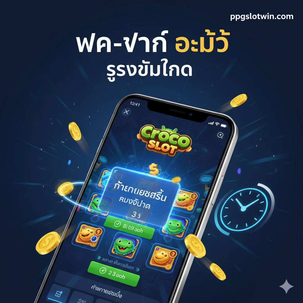 ภาพแสดงฟังก์ชัน “ฝาก-ถอน ออโต้ รวดเร็วทันใจ” โดยเน้นที่หน้าจอโทรศัพท์มือถือที่กำลังแสดงอินเทอร์เฟซเกม Croco Slot ของ ppgslotwin.com พร้อมข้อความแจ้งเตือน “Transaction Complete in 3 Seconds” ท่ามกลางองค์ประกอบที่แสดงถึงความเร็วและความทันสมัย
