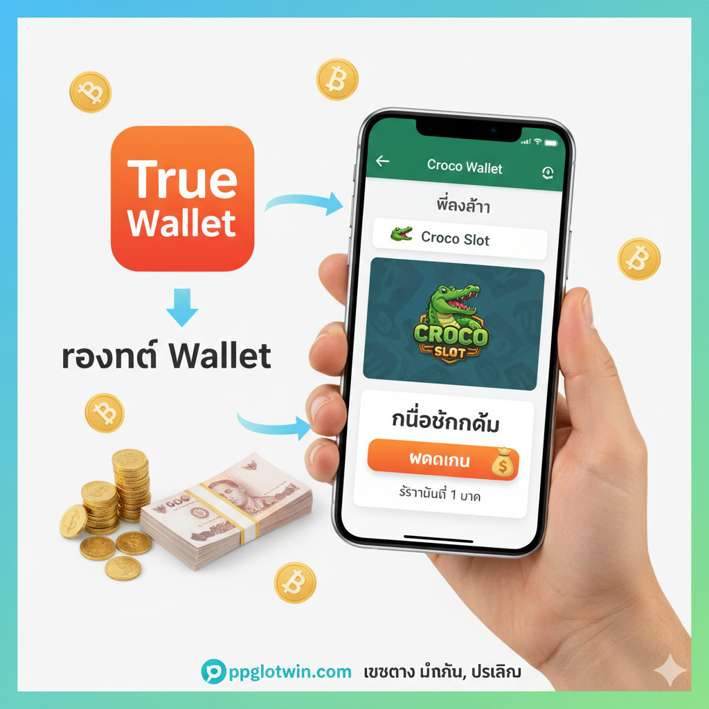 ภาพแสดงมือที่กำลังใช้งานสมาร์ทโฟน โดยมีหน้าจอ True Wallet และหน้าต่างฝากเงินของ Croco Slot เน้นย้ำคุณสมบัติ “รองรับ True Wallet” และ “ไม่มีขั้นต่ำ” ผ่านการแสดงภาพเหรียญและธนบัตร