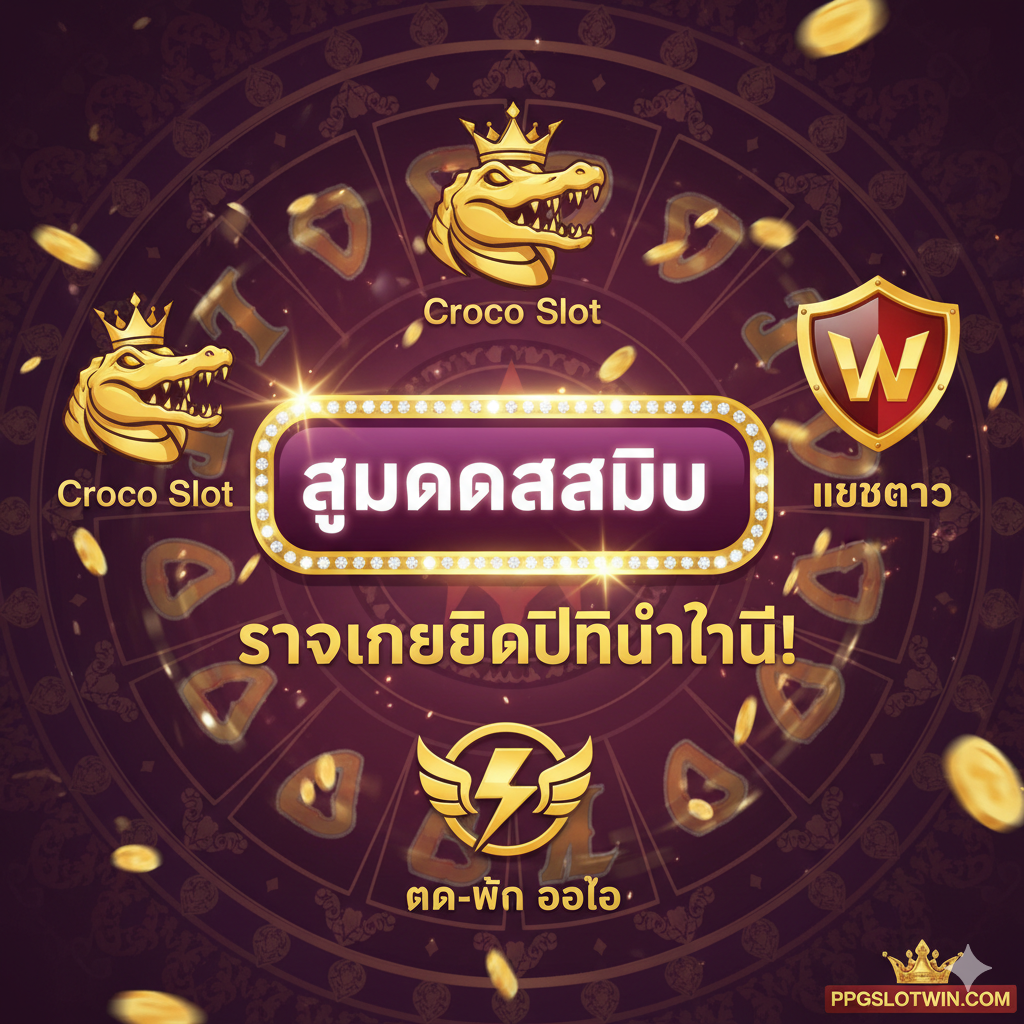ภาพสรุปที่เน้นย้ำถึงการ “สมัครสมาชิก” ด้วยปุ่มขนาดใหญ่และข้อความ “รับเครดิตฟรีทันที!” ล้อมรอบด้วยไอคอนที่แสดงถึง Croco Slot, ความเป็นเว็บตรง, และการทำธุรกรรมแบบออโต้