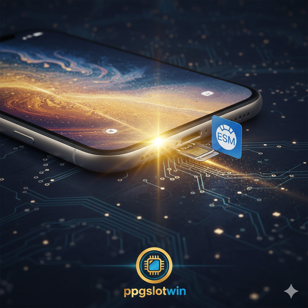 ภาพหน้าปกสไตล์เทคโนโลยีพรีเมียม โทนสีน้ำเงินเข้มและทองอร่าม องค์ประกอบหลักคือภาพด้านข้างของ iPhone ที่กำลังแสดงช่องใส่ SIM (SIM Slot) และไอคอน eSIM ลอยอยู่ข้างๆ มีแสงไฟส่องสว่างสีทองพุ่งออกมาจากหน้าจอ iPhone ไปยังพื้นที่ด้านนอก ด้านหลังเป็นพื้นหลังนามธรรมที่มีวงจรไฟฟ้าดิจิทัล (circuit board pattern) แสดงถึงความเป็นส่วนตัวและความปลอดภัย ข้อความสำคัญที่ควรเน้นในภาพ: 'SIM Slot & eSIM Strategy for ppgslotwin' หรือไอคอนโลโก้ ppgslotwin แบบแฝง เน้นความคมชัดและความลื่นไหลของ iOS