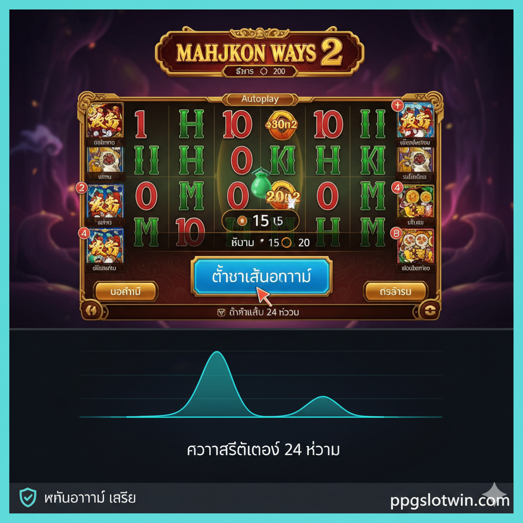 ภาพเน้นการทำงานของระบบ 'Autoplay' ที่หน้าจอเกม PG Slot ยอดนิยม (เช่น Mahjong Ways 2 หรือ Treasures of Aztec) แสดงปุ่มตั้งค่า Autoplay ที่กำลังถูกกด เน้นตัวเลขจำนวนสปินที่กำลังนับถอยหลัง และมีเส้นกราฟิกแสดงถึง 'ความเสถียร 24 ชั่วโมง' เป็นคลื่นเรียบๆ สีฟ้า-เขียว ภาพควรมีโทนสีสดใสและคมชัด มองเห็นชัดเจนว่าระบบกำลังทำงานอัตโนมัติอย่างราบรื่น ไม่มีสะดุด และมีตัวอักษร 'Auto Spin Stable' ขนาดเล็กประกอบอยู่ด้านล่างเพื่อเน้นย้ำคุณสมบัติ 'ไม่หลุด ไม่ค้าง'.