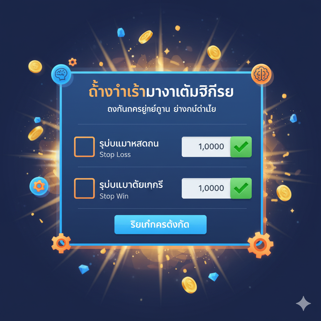 ภาพแนวอินโฟกราฟิกหรือหน้าจอการตั้งค่า แสดงหน้าต่าง Pop-up การตั้งค่า Autoplay อัจฉริยะ โดยเน้นที่ตัวเลือก 'Stop Loss' และ 'Stop Win' ที่มีเครื่องหมายถูกสีเขียวอยู่ข้างๆ พื้นหลังเป็นแสงสว่างของชัยชนะ (Win) และมีไอคอนรูปสมองหรือเฟืองเกียร์ขนาดเล็กประกอบอยู่ เพื่อสื่อถึงการเล่นอย่างชาญฉลาดและมีการวางแผน โทนสีเน้นสีฟ้าและสีส้มเพื่อความน่าสนใจและสื่อถึงการควบคุมการเงินอย่างมีประสิทธิภาพ ภาพต้องสื่อสารว่าผู้เล่นสามารถกำหนดกลยุทธ์การเล่นได้อย่างง่ายดายผ่านฟังก์ชันเหล่านี้.