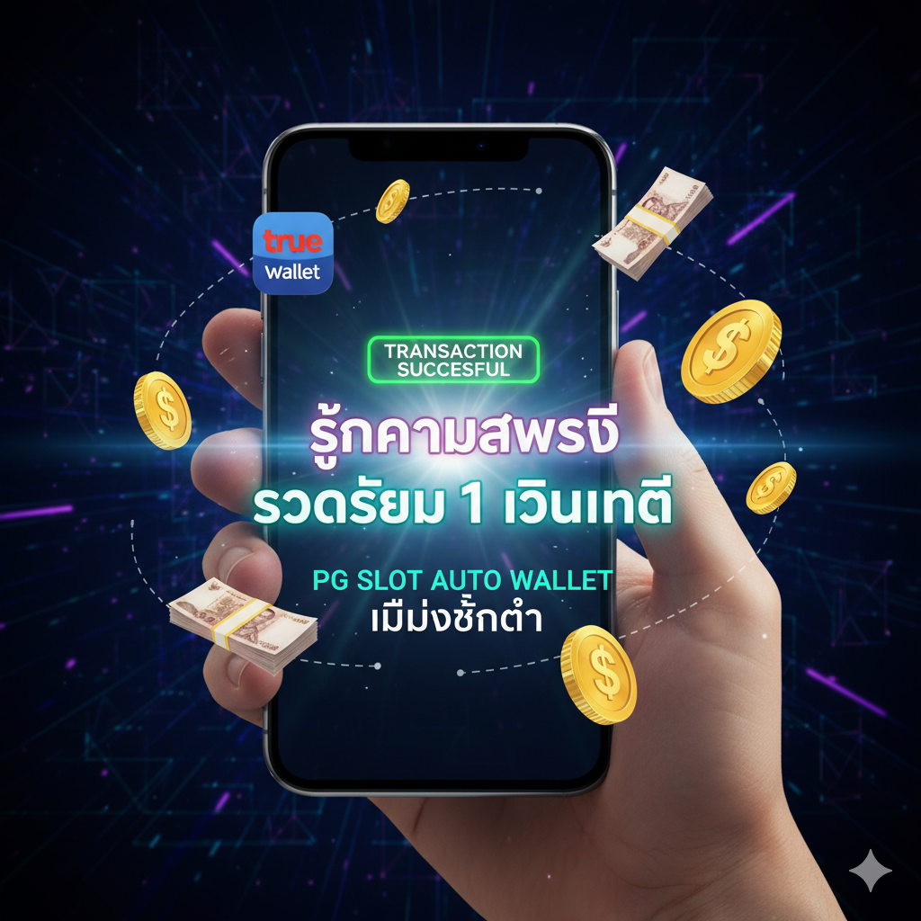 ภาพเน้นความเร็วและระบบการเงิน 'PG Slot Auto Wallet' แสดงมือที่กำลังถือโทรศัพท์มือถือที่มีหน้าจอแสดงผลการฝาก-ถอนเงินที่สำเร็จแล้ว (Transaction Successful) พร้อมข้อความ '1 วินาที' หรือ 'รวดเร็ว 1 วิ' เป็นภาษาไทยขนาดใหญ่และโดดเด่น มีสัญลักษณ์ True Wallet และสัญลักษณ์เงิน (เหรียญ/ธนบัตร) ลอยอยู่รอบๆ เพื่อแสดงถึงความยืดหยุ่นและการรองรับทุกช่องทาง โทนสีเข้มและมีแสงสว่างพุ่งออกมาจากหน้าจอโทรศัพท์ เพื่อสื่อถึงความรวดเร็ว โปร่งใส และความน่าเชื่อถือของระบบ 'Auto Wallet' และ 'ไม่มีขั้นต่ำ'.