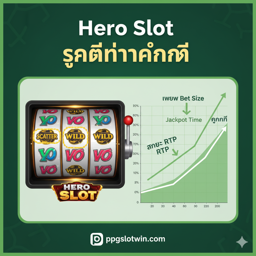 教程指导图,重点展示“Hero Slot สูตร”和“Jackpot Time”。画面应设计成数据图表与游戏元素结合的风格。中心是一个老虎机的滚轮,其中一些符号被高亮显示为Scatter/Wild。旁边配有上升趋势的折线图或条形图(代表“Jackpot Time”和RTP),用箭头和泰语标注“เพิ่ม Bet Size”และ“สังเกต RTP”。色调使用绿色和金色,象征增长和机会。构图清晰,将“策略”和“获利”视觉化,指导玩家如何观察和行动。