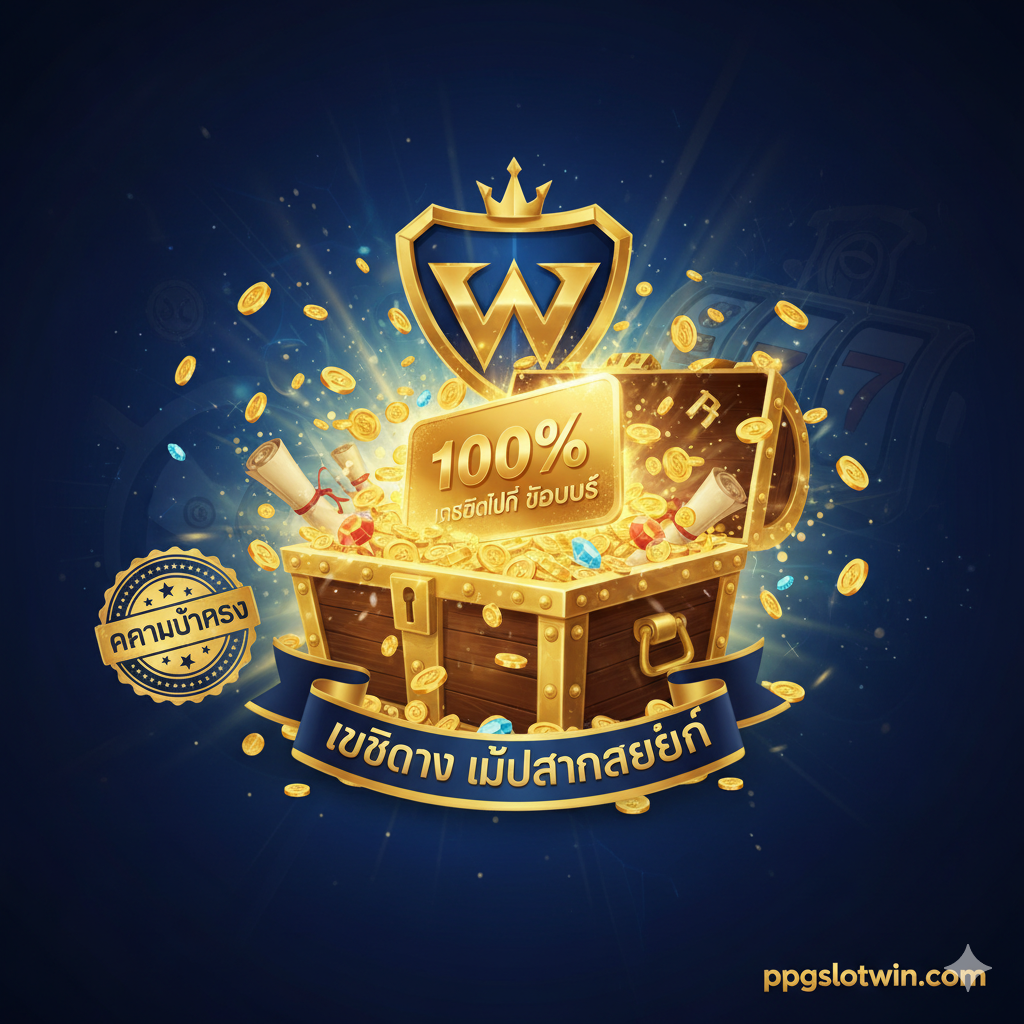 优势特点图，突出“เว็บตรง” (直营网站) 和“เครดิตฟรี โบนัส 100%”。画面中央是一个巨大的金色宝箱正在开启，从中喷涌出金币และ一张100% Bonus的卡片，背景是超级英雄风格的徽章。核心元素是“เว็บตรง ไม่ผ่านเอเย่นต์” 的泰语文字，配以“ความมั่นคง” (稳定) 的印章图案。风格大气、奢华、可信赖，色调以金黄และ深蓝为主。构图旨在突出平台给用户带来的巨大经济利益和安全保障。
