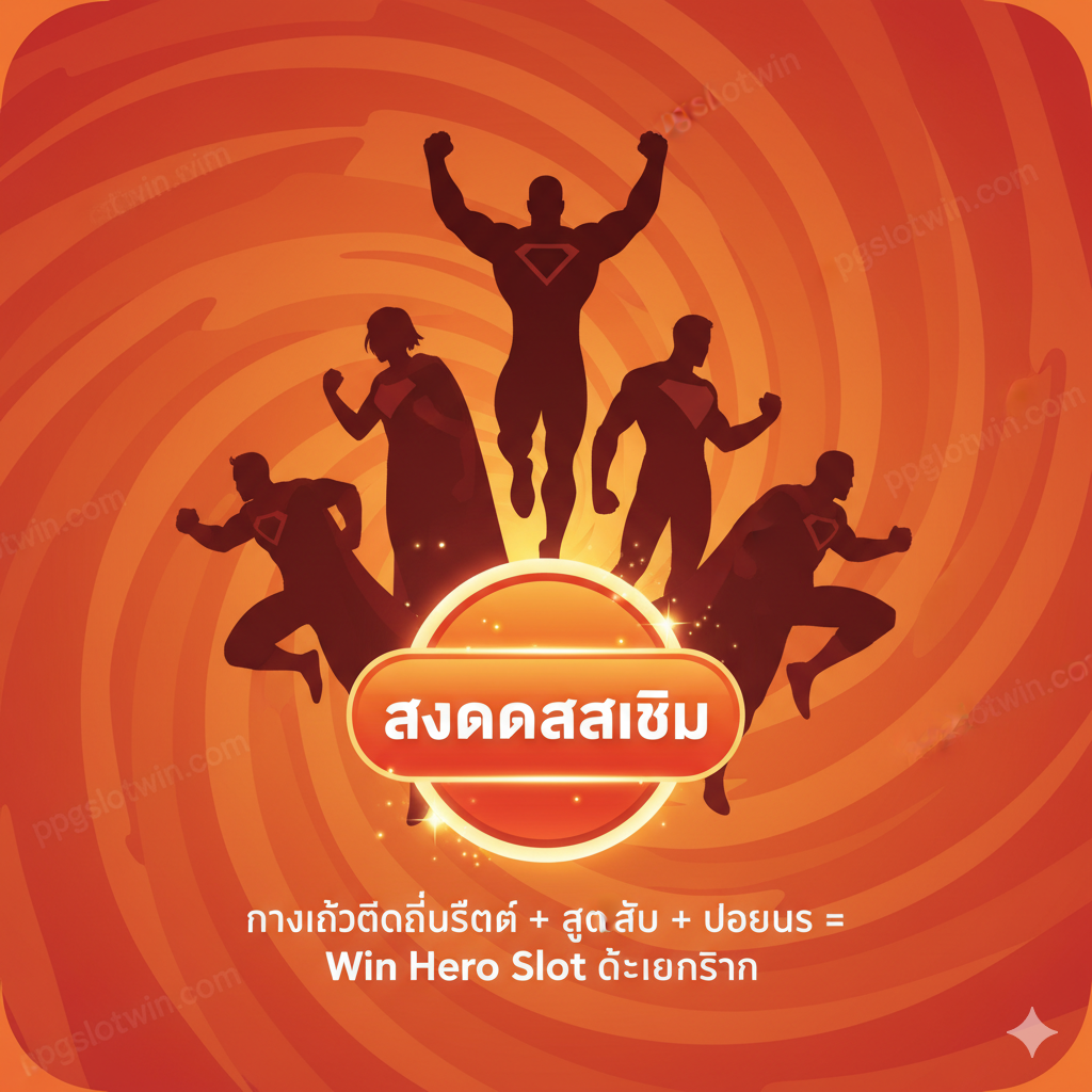 总结和行动呼吁（CTA）图，鼓励用户立即“สมัครสมาชิก” (注册)。画面背景是ppgslotwin.com的Logo或品牌色，前方是一组超级英雄的剪影（不同姿势），象征玩家社区。中央有一个闪烁的巨大“WIN”按钮，下方配有简洁的泰语总结：“ทางเข้าที่ดีที่สุด + สูตรลับ + โบนัส = Win Hero Slot ได้เงินจริง”。整体风格简洁有力，聚焦行动。色调明亮，使用橙色或红色来强调CTA，引导用户点击注册，完成文章的转化目标。