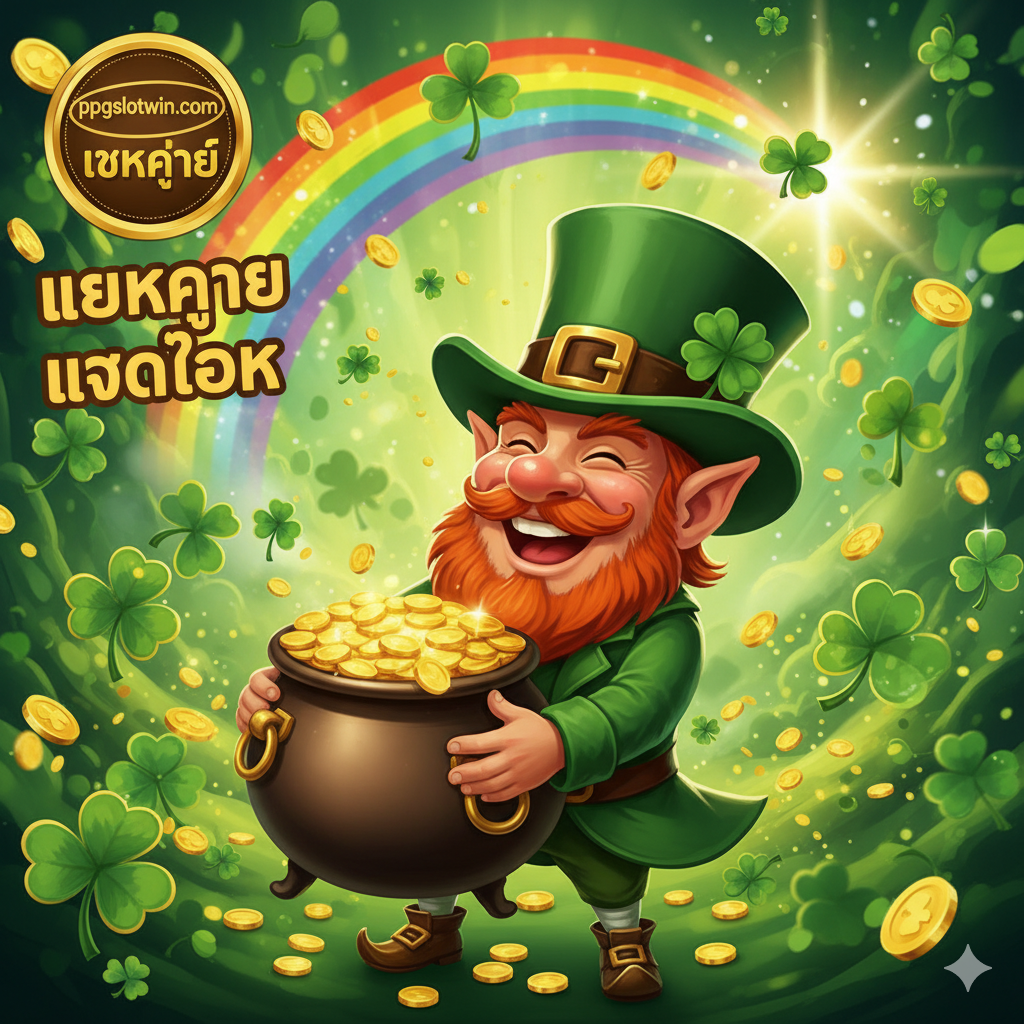 一张吸引สายตาการออกแบบที่ใช้สีเขียวแห่งความโชคดีของชาวไอริชเป็นสีหลัก พร้อมภาพเด่นของ Shamrock Fortunes Slot: ภูตจิ๋ว (Leprechaun) ยิ้มแย้มถือโถทองคำ (Pot of Gold) บนฉากหลังที่มีใบโคลเวอร์สี่แฉก (Shamrock) และสายรุ้ง ข้อความภาษาไทย 'แตกง่าย' หรือ 'แจกโชค' ถูกเพิ่มอย่างมีชั้นเชิง พร้อมโลโก้หรือข้อความ ppgslotwin.com ที่มุมภาพ เพื่อสื่อถึงการเป็นเกมที่เว็บไซต์นี้ให้บริการ