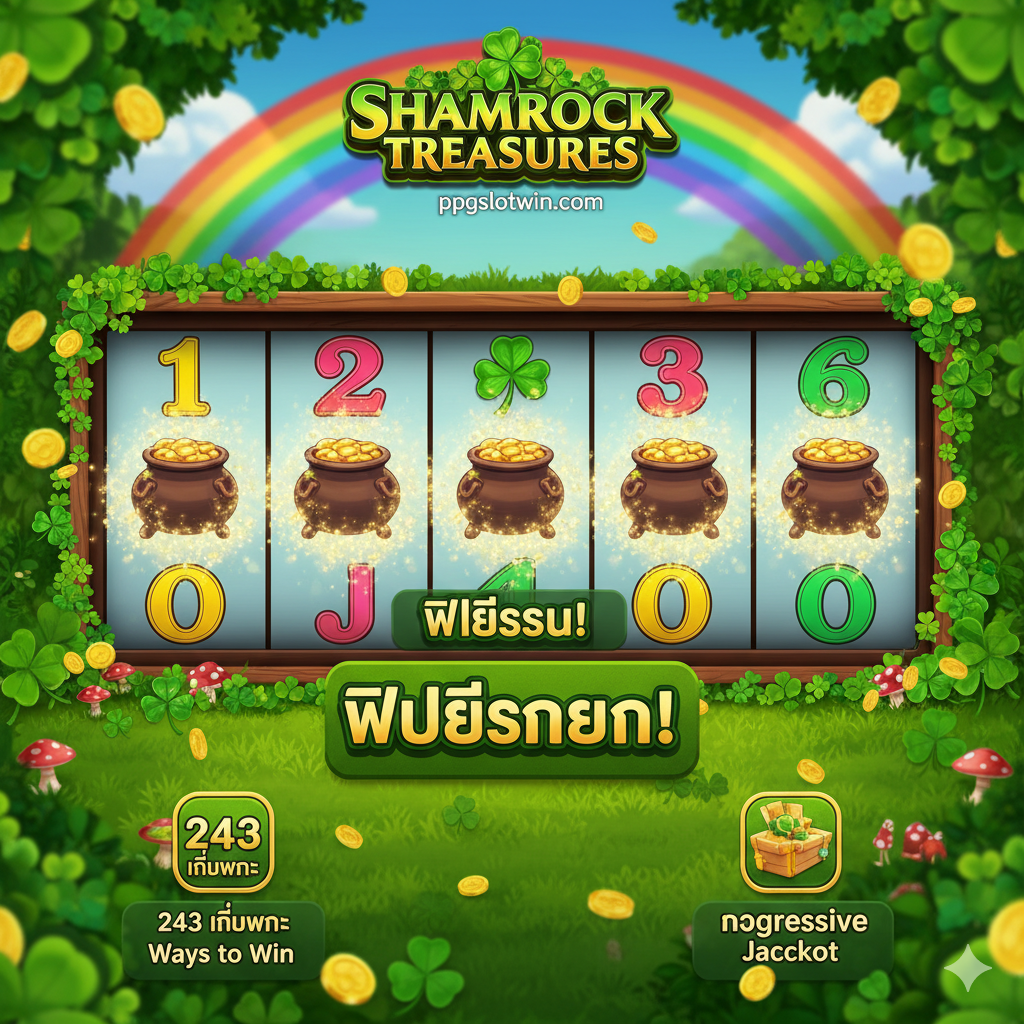 ภาพที่เน้นการทำงานของฟีเจอร์หลักในเกม โดยเน้นที่สัญลักษณ์ Scatter 'โถทองคำ' (Pot of Gold) และกลไกการเรียกใช้ 'ฟรีสปิน' พร้อมภาพจำลองหน้าจอที่แสดงโถทองคำหลายใบเพื่อกระตุ้นรางวัล และไอคอนที่บ่งบอกถึง '243 วิธีชนะ' และ 'โปรเกรสซีฟแจ็คพอต'