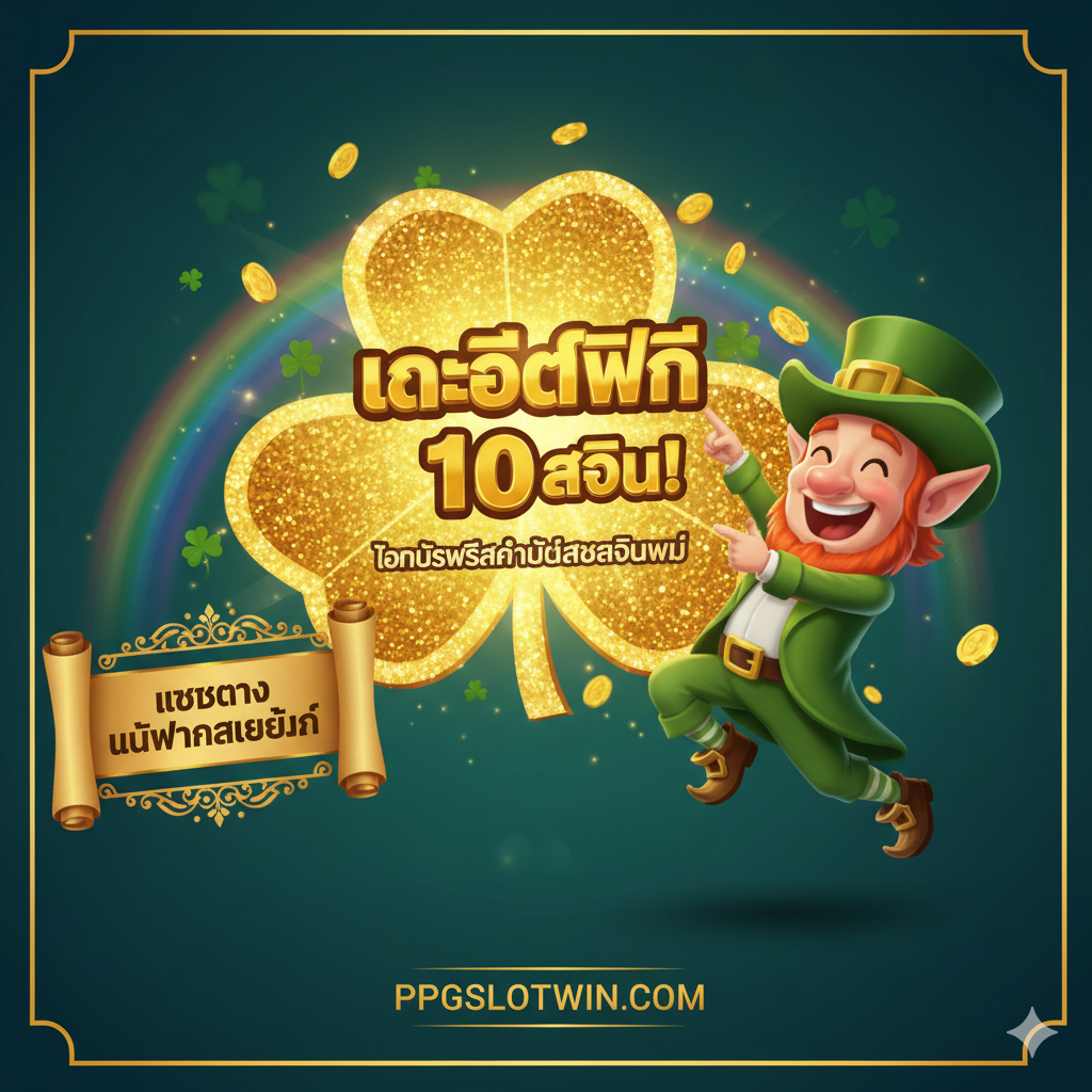 ภาพที่เน้นการโปรโมทเว็บไซต์ ppgslotwin.com โดยแสดงป้ายขนาดใหญ่ของโปรโมชั่น 'หมุนฟรี 10 ครั้ง' หรือ 'เครดิตฟรี' ที่เกี่ยวข้องกับเกม Shamrock Fortunes ภูตจิ๋วในภาพชี้ไปที่ข้อเสนออย่างตื่นเต้น พร้อมโลโก้ ppgslotwin.com และข้อความ 'เว็บตรง ไม่ผ่านเอเย่นต์'