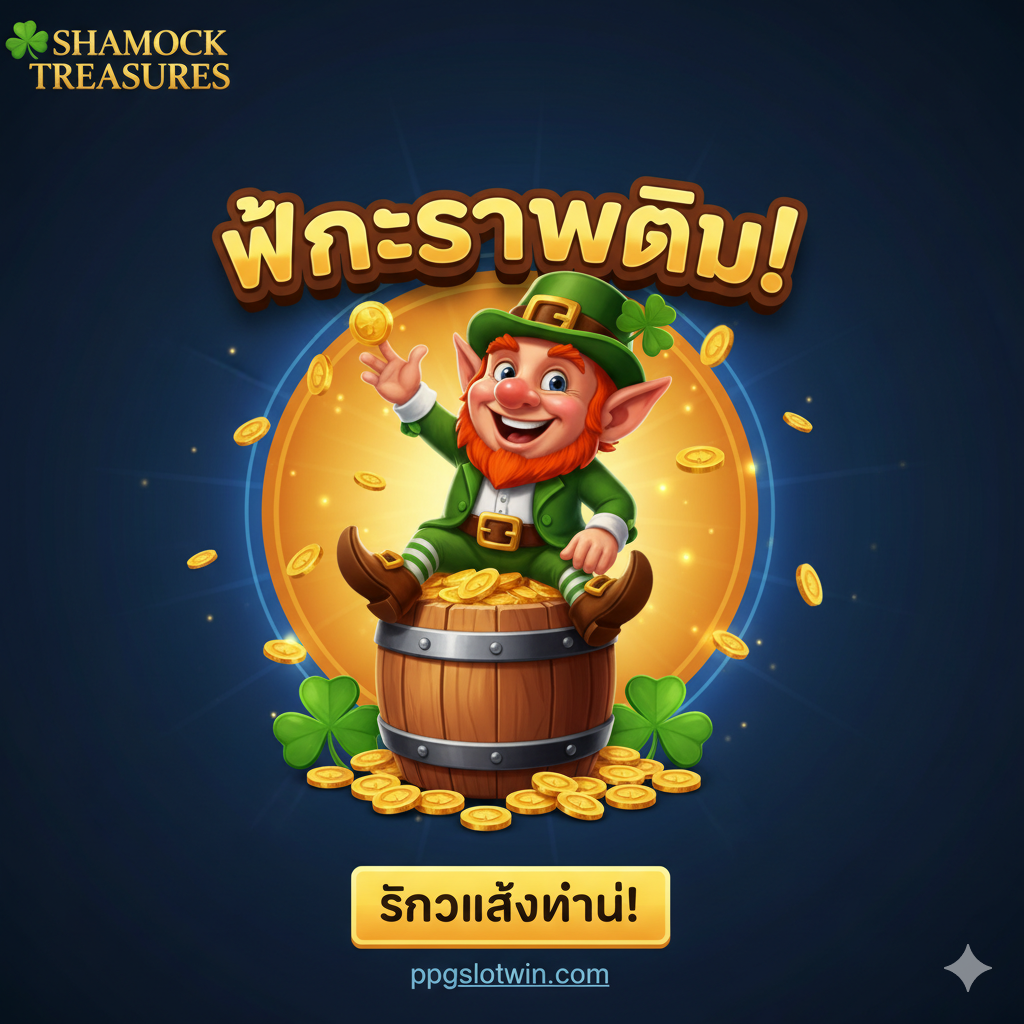 ภาพสรุปที่แสดงภูตจิ๋วไอริชแสดงความยินดี นั่งอยู่บนถังทองคำที่เต็มไปด้วยเหรียญทอง มีข้อความ 'Win' หรือ 'Jackpot' ขนาดใหญ่ด้านหลัง สื่อถึงความสำเร็จในการได้รับรางวัล 'Shamrock Treasures' และปุ่ม CTA ที่มองเห็นได้ชัดเจนให้ 'คลิกเล่นทันที!'
