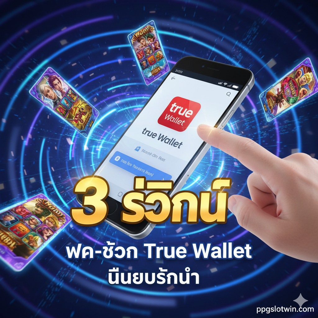 ภาพเน้นคุณสมบัติเด่นของระบบฝาก-ถอน True Wallet อัตโนมัติ 3 วินาที ฉากหลังเป็นแสงไฟนีออนสีฟ้า-ม่วงที่ดูรวดเร็วและเป็นเทคโนโลยี องค์ประกอบสำคัญคือรูปมือที่กำลังแตะหน้าจอสมาร์ทโฟนที่มีแอปพลิเคชัน True Wallet เปิดอยู่ พร้อมกับมีการ์ดเกมสล็อต PG จำนวนหนึ่งลอยอยู่รอบๆ ควรมีตัวเลขขนาดใหญ่ '3 วินาที' และข้อความ 'ฝาก-ถอน True Wallet ไม่มีขั้นต่ำ' เพื่อสื่อถึงความเร็วและความสะดวกสบายในการทำธุรกรรมทางการเงิน ภาพควรมีการเคลื่อนไหวแบบดิจิทัลเพื่อเน้นความอัตโนมัติของระบบ Auto