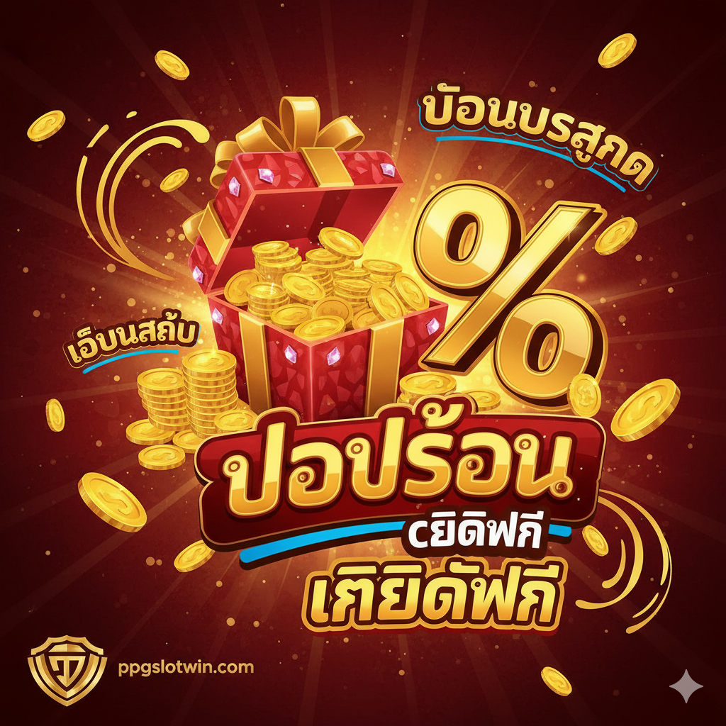 展示“diamond888 slot”丰富功能的图片,重点突出“โปรโมชั่น” (促销) 和 “เครดิตฟรี” (免费积分)。构图采用动态拼贴风格,包含闪亮的金币堆、一个打开的礼品盒、百分比符号(%)以及泰语“โบนัสสูงสุด” (最高红利) 和 “เครดิตฟรี” (免费积分) 的艺术字。使用明亮的金色、红色和蓝色调,营造出一种获得丰厚奖励和福利的兴奋感。ppgslotwin.com的logo巧妙地放在一个角落。