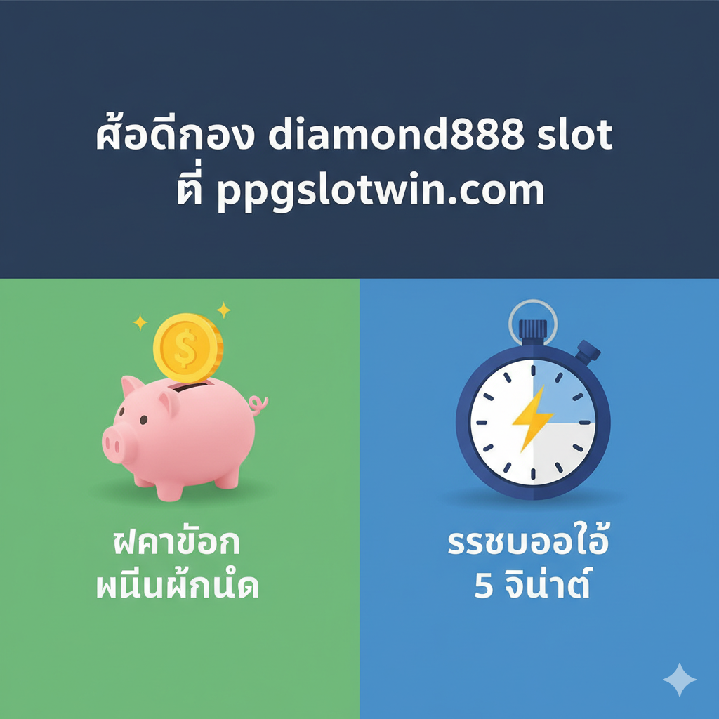 突出“diamond888 slot”在ppgslotwin.com上的核心优势:“ฝากถอนไม่มีขั้นต่ำ“ (无最低存款/取款) 和 ”ระบบออโต้“ (自动系统)。图片采用分屏对比构图,左侧显示一个泰铢硬币(1 บาท)和指向存钱罐的箭头,代表小额存取;右侧显示一个带有闪电标志的秒表,旁边有泰语“ออโต้ 5 วินาที” (5秒自动),强调极速交易。整体色调应体现科技感和金融安全(如绿色和蓝色)。