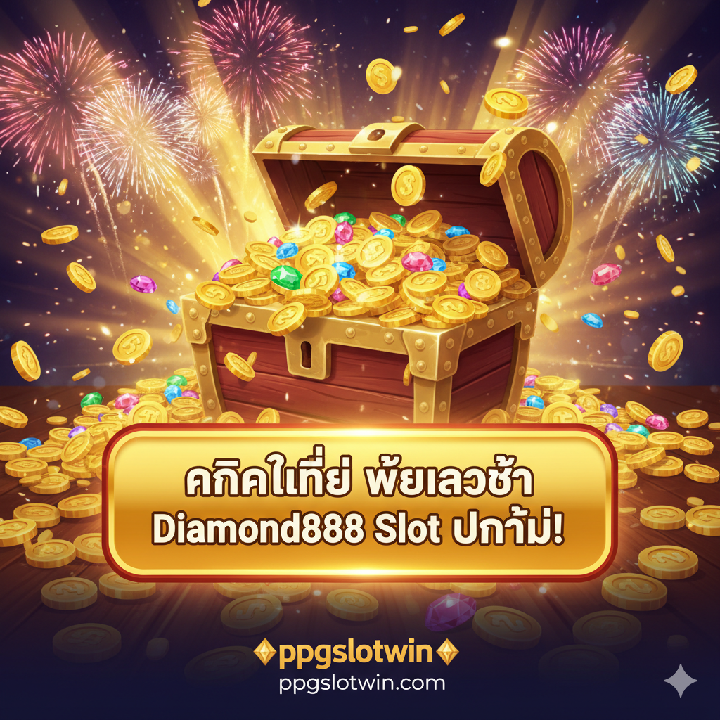 一张强有力的总结和号召行动(CTA)图片。背景是“diamond888 slot”游戏中的大奖（Jackpot）或宝箱满溢金币的庆祝画面。图片前景是一个巨大、醒目的泰语按钮“คลิกที่นี่ เพื่อเข้าสู่ Diamond888 Slot ทันที!” (立即点击进入Diamond888 Slot)。ppgslotwin.com的logo清晰地显示在底部。整体色彩鲜艳夺目，充满胜利和喜悦的气氛，激励用户立即采取行动，完成转化。