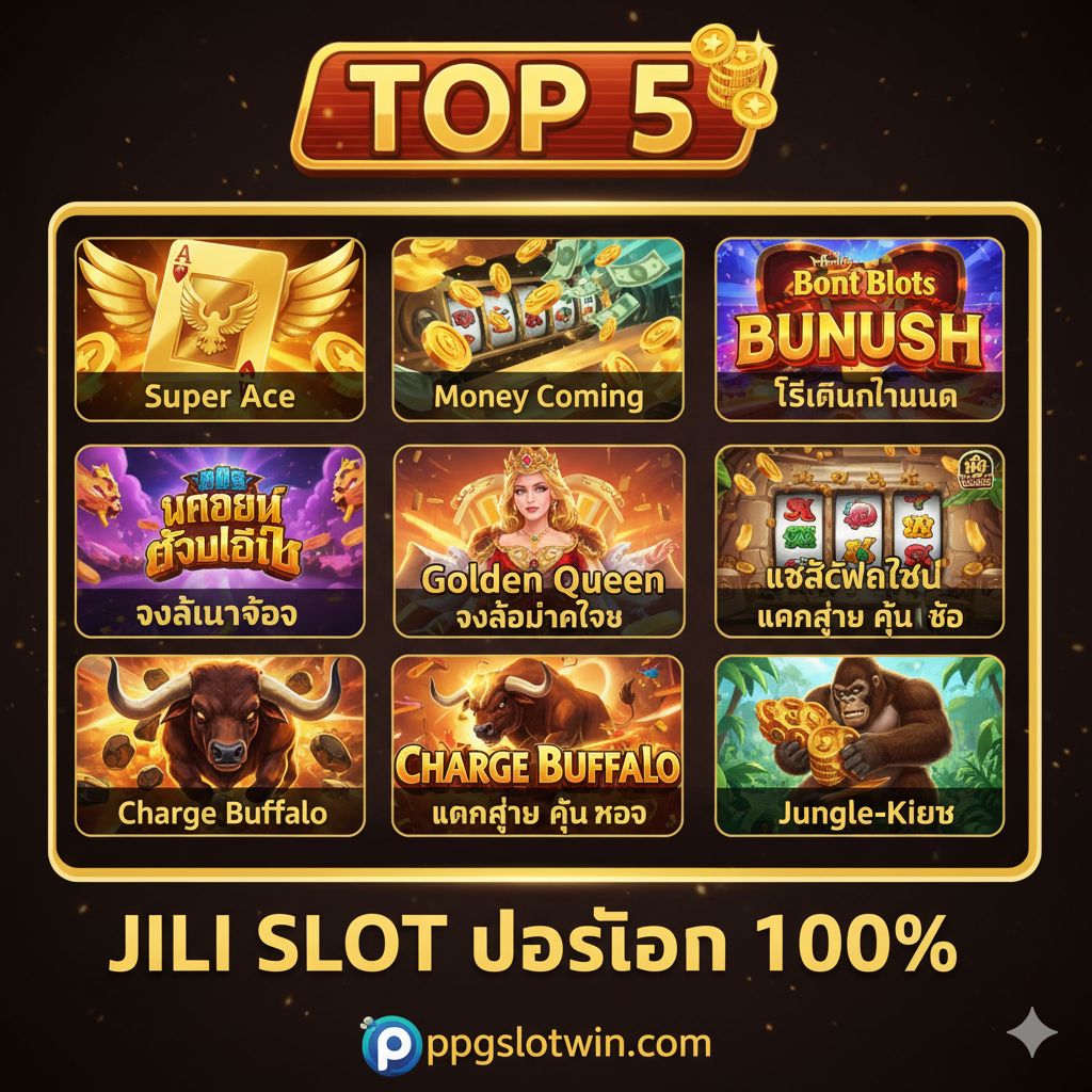 ภาพสรุปแนะนำ '5 เกม JILI Slot แนะนำแตกง่าย' ที่ควรใช้กับโปรโมชั่น 100% ภาพจัดวางในรูปแบบ 5 ช่องตารางเล็กๆ หรือ 5 ไอคอนเกมเรียงกัน แต่ละช่องแสดงรูปภาพขนาดย่อหรือสัญลักษณ์เด่นของเกมที่กล่าวถึง (Super Ace, Money Coming, Golden Queen, Charge Buffalo, Jungle King) เน้นการใช้สีสันที่สดใสและน่าตื่นเต้นเหมือนในเกมสล็อตจริงๆ มีป้าย 'TOP 5' และสัญลักษณ์โบนัส (Bonus Symbol) ขนาดใหญ่กำกับอยู่ด้านบน ภาพนี้มีจุดประสงค์เพื่อกระตุ้นให้ผู้เล่นตัดสินใจเลือกเกมทันทีหลังรับโบนัส