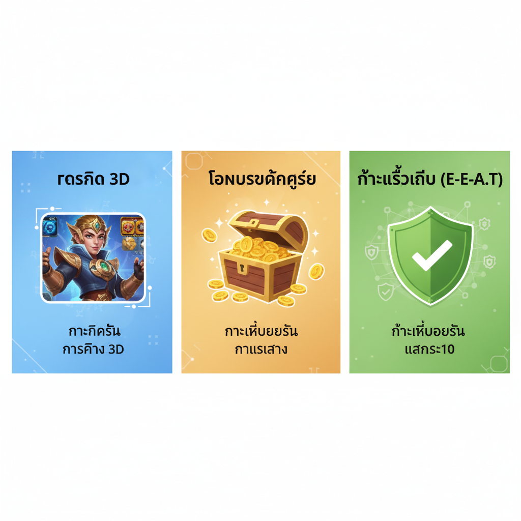 功能特性图片，采用专业的信息图表（infographic）风格，布局清晰。图片水平分为三个板块。左侧板块展示 'กราฟิก 3D'（3D图形），配有一个精美渲染的游戏角色截图。中间板块突出 'โบนัสแตกง่าย'（易赢奖金），使用一个打开的、溢出金币的宝箱图标。右侧板块展示 'น่าเชื่อถือ (E-E-A-T)'（值得信赖），使用一个带有绿色对勾的盾牌图标。每个板块都有清晰的泰语标签，配色方案ใช้明亮的蓝色、金色และ绿色，营造出专业和可靠的感觉。