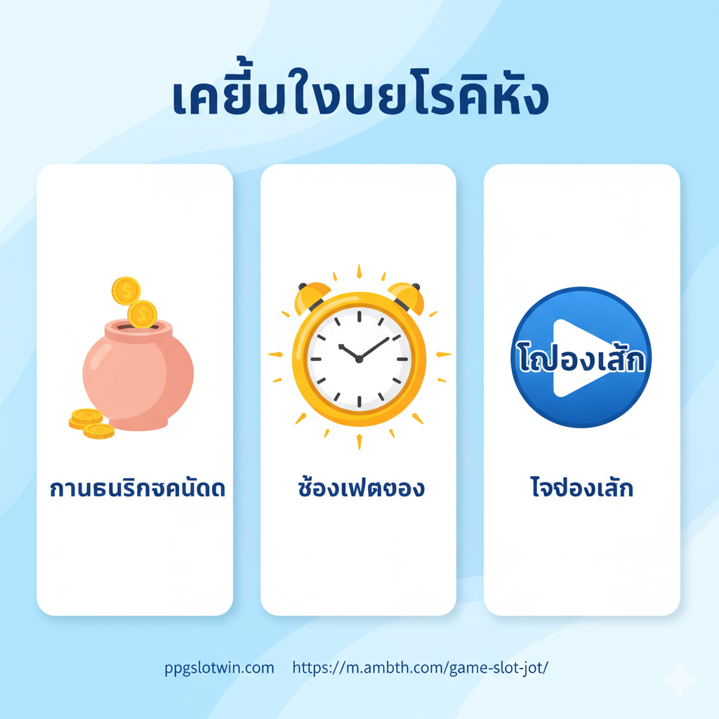 教程指导图片，设计成一个清晰的“提示与技巧”指南。图片水平排列三个步骤图标。步骤一：泰语标签 'การบริหารจัดการ'（资源管理），配有一个存钱罐和几枚金币的图标。步骤二：泰语标签 'ช่วงเวลาทอง'（黄金时段），配有一个发光的时钟图标。步骤三：泰语标签 'ทดลองเล่น'（试玩模式），配有一个带有“Demo”字样的播放按钮图标。整体风格简洁、易懂，ใช้浅蓝色和白色的教育风格背景，帮助用户理解游戏策略。