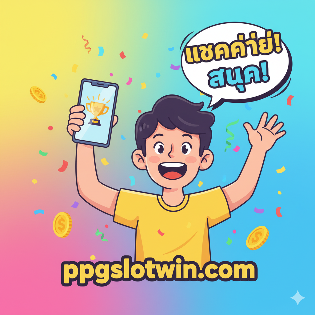 总结图片，营造一种庆祝和兴奋的氛围。画面展示一个（插画风格的）快乐的人举着智能手机，手机屏幕上显示“胜利！”或奖杯图标。空中飘着五彩纸屑和闪亮的虚拟金币。一个醒目的泰语漫画风格对话框中写着 'แตกง่าย! สนุก!'（轻松赢！真有趣！）。整体色彩鲜艳、明亮，充满正能量，强化了文章关于“轻松获奖”和“充满乐趣”的核心信息，并鼓励用户立即行动。