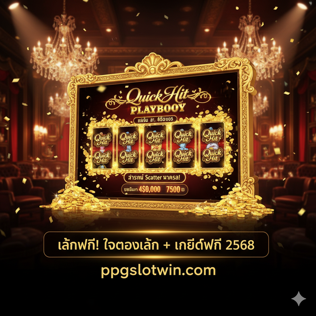 一張ดึงดูดสายตา ภาพหน้าปก มีฉากหลังเป็นไนท์คลับหรือสถานบันเทิงหรูหรา ตรงกลางเน้นให้เห็นหน้าจอเครื่องสล็อต "Quick Hit Playboy" ขนาดใหญ่และเป็นสีทอง แสดงรางวัล Scatter Pays ที่สูง (เช่น สัญลักษณ์ Quick Hit 9 อัน) ใช้สีดำ ทอง และแดงที่หรูหรา ใต้หน้าจอหรือมุม มีข้อความภาษาไทย "เล่นฟรี! ทดลองเล่น + เครดิตฟรี 2568" และ "ppgslotwin.com" เพื่อเน้นความฟรีและพิเศษ องค์ประกอบภาพควรเต็มไปด้วยพลังและความเย้ายวน