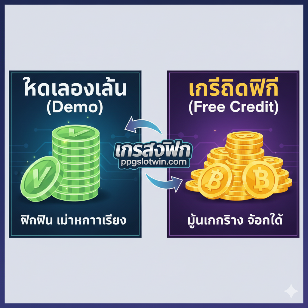ภาพเปรียบเทียบสำหรับการสอน ที่แยกความแตกต่างอย่างชัดเจนระหว่าง “ทดลองเล่น (Demo)” และ “เครดิตฟรี (Free Credit)” ด้านซ้ายแสดงกองเหรียญเสมือนจริง พร้อมข้อความ “ฝึกฝน ไม่มีความเสี่ยง” ด้านขวาแสดงกองเหรียญจริงหรือสัญลักษณ์เงินบาท พร้อมข้อความ “ลุ้นเงินจริง ถอนได้” มีโลโก้ “ppgslotwin” อยู่ตรงกลางเป็นจุดเชื่อมโยง และลูกศรชี้ไปที่เส้นทางการเล่นที่แตกต่างกันสองทาง ภาพดูสะอาดและชัดเจน ช่วยให้ผู้ใช้เข้าใจได้อย่างรวดเร็ว