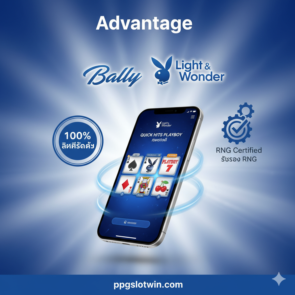 ภาพที่เน้นย้ำถึงข้อดีและลิขสิทธิ์แท้ของเกม โดยมีโลโก้ Bally และ Light & Wonder (L&W) อยู่ตรงกลาง ล้อมรอบด้วยองค์ประกอบที่สื่อถึงคุณภาพและความยุติธรรม เช่น ตราประทับ "100% ลิขสิทธิ์แท้" สัญลักษณ์รับรอง RNG และภาพหน้าจอเกมสล็อตที่เล่นได้อย่างราบรื่นบนมือถือ สีหลักคือสีฟ้าและขาว เพื่อสื่อถึงความเป็นมืออาชีพและความน่าเชื่อถือ ด้านล่างมีที่อยู่เว็บไซต์ ppgslotwin.com บ่งบอกถึงการเป็นแพลตฟอร์มที่ได้รับอนุญาตอย่างเป็นทางการ