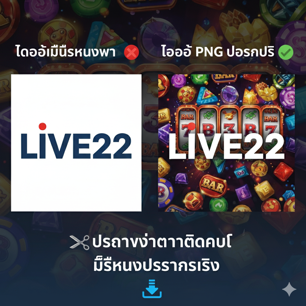 ภาพประกอบที่แสดงให้เห็นถึงคุณสมบัติหลักของไฟล์ PNG คือความโปร่งใส ภาพแบ่งเป็นสองส่วนที่จัดวางเทียบกัน โดยส่วนแรกแสดงโลโก้ Live22 ที่มีปัญหาพื้นหลังขาวล้อมรอบ (ไม่โปร่งใส) ส่วนที่สองแสดงโลโก้ Live22 PNG ที่มีความคมชัดสูงและถูกวางซ้อนทับบนภาพพื้นหลังแบนเนอร์คาสิโนที่มีสีสันซับซ้อนอย่างราบรื่น ไม่มีขอบขาว เน้นให้เห็นข้อความที่เป็นประโยชน์ เช่น 'ประหยัดเวลาการไดคัท' และ 'พื้นหลังโปร่งใสจริง' ด้วยไอคอนที่เรียบง่ายและเป็นมืออาชีพ เช่น ไอคอนดาวน์โหลดและไอคอนรูปกรรไกร.