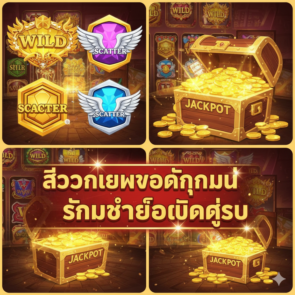 ภาพคอลลาจที่น่าตื่นเต้นแสดงถึงทรัพยากรภาพสัญลักษณ์เกมที่น่าสนใจที่สุดของ Live22 ภาพประกอบด้วยสัญลักษณ์เกมที่เน้นการทำกำไรสูง เช่น ไอคอน Wild, ไอคอน Scatter และสัญลักษณ์ Jackpot ขนาดใหญ่ที่เรืองแสง (อาจเป็นเหรียญทองคำกองโตหรือหีบสมบัติ) จัดเรียงอย่างไดนามิกและมีมิติ พื้นหลังเป็นธีมเกมสล็อตที่มีความดึงดูดใจและหรูหรา ใช้สีโทนทองและแดงเพื่อสื่อถึงความมั่งคั่งและชัยชนะ พร้อมข้อความไทยที่เน้นย้ำว่า 'ไอคอนเกมยอดนิยมและสัญลักษณ์แตกง่าย' เพื่อดึงดูดผู้เล่น.