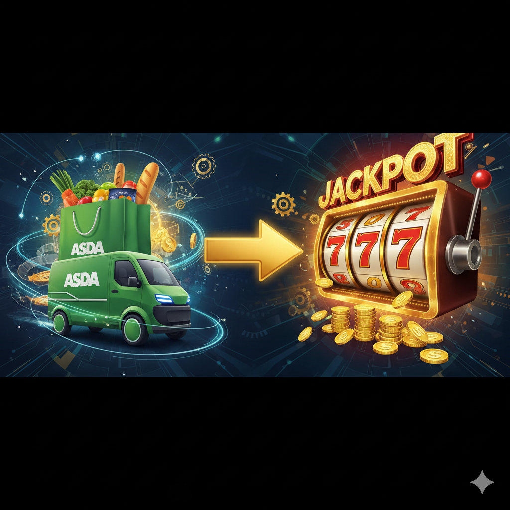 一张富有动感的封面图，将“线上购物”和“老虎机机会”的概念融合。画面左侧是英国Asda超市的绿色购物袋和一辆送货车（暗示'asda online shopping book a slot'），右侧则是一个带有金币和巨大'JACKPOT'字样的老虎机轮盘。中间有一个巨大的金色箭头从购物场景指向老虎机。整体色彩采用Asda的绿色调和老虎机的金色、红色调，营造出“双重机会”和“时间就是金เงิน”的緊迫感和吸引力。风格现代、数字化。