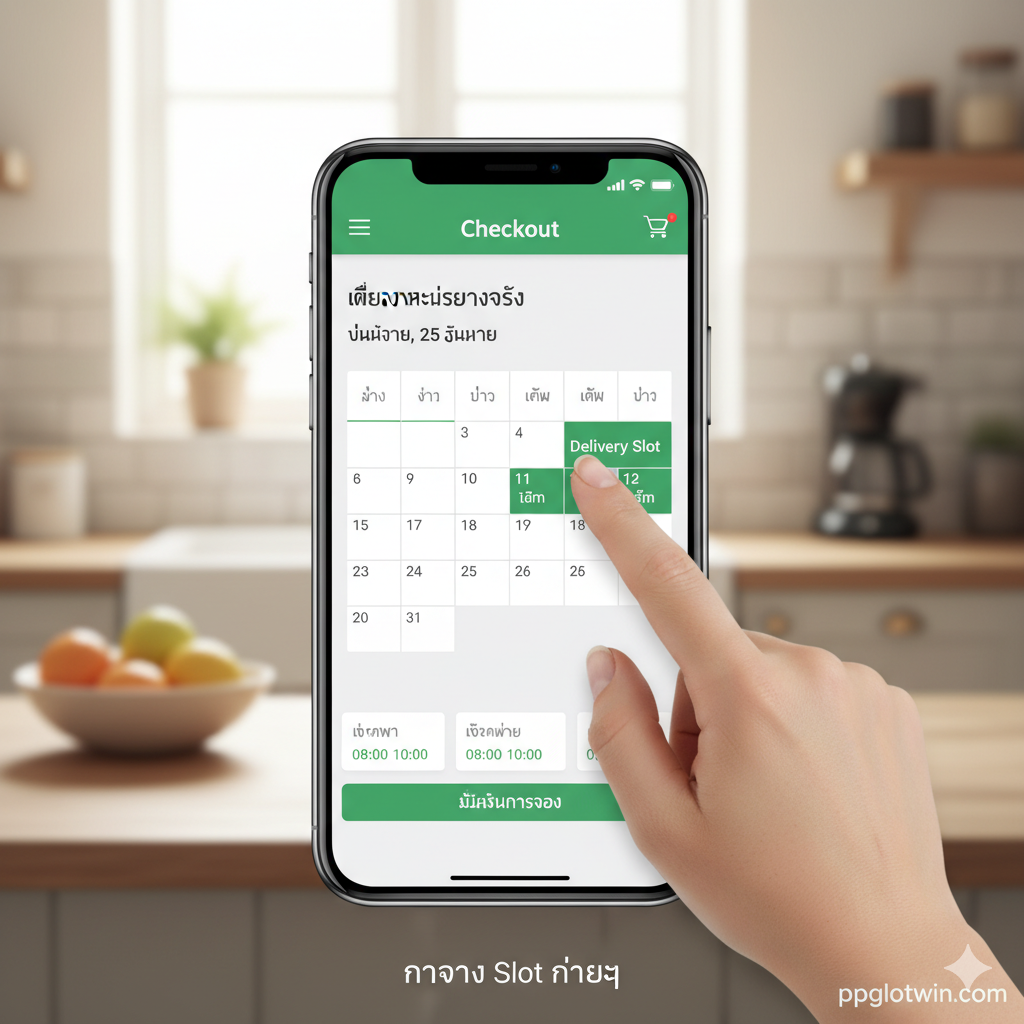 功能图片，专注于展示“asda online shopping book a slot”的流程。画面中心是一个放大的智能手机屏幕，展示Asda App的Checkout页面。用户正在点击日历上的一个空闲的'Delivery Slot'（例如，一个绿色的时间块）。背景是模糊的厨房或家居场景。强调界面的清晰和便捷性，色彩以蓝色和绿色为主，体现日常生活的实用性和科技感。下方可配一小行泰语文字，强调“การจอง Slot ง่ายๆ” (轻松预订 Slot)。