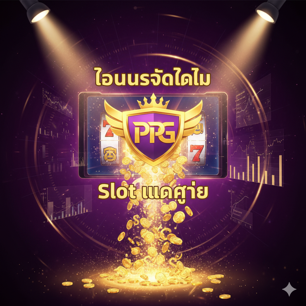 优势图片，聚焦于目标站点 ppgslotwin.com。图片主体是一个抽象的、极具吸引力的老虎机界面，屏幕中央是网站的Logo（或一个代表网站的金色符号）被闪耀的聚光灯照亮。无数金币正从屏幕中涌出，背景是充满ชีวิต力的紫色和金色光芒。强调高RTP和丰厚的奖金，营造出奢华、刺激和获胜的感觉。泰语文字“โบนัสจัดเต็ม” (Bonus จัดเต็ม) 和“Slot แตกง่าย” (Slot แตกง่าย) 可作为辅助视觉元素。