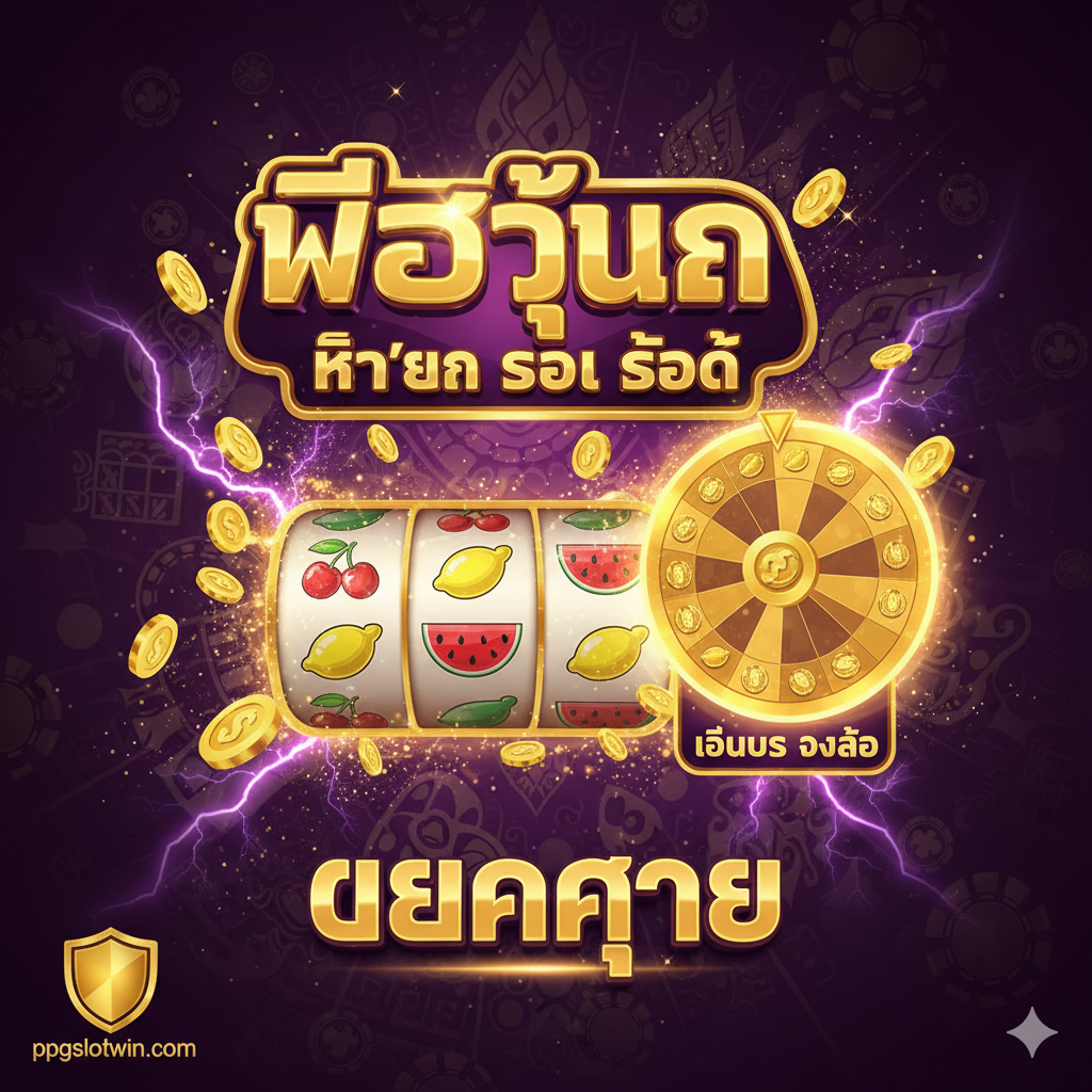 一张醒목의封面图,以金色和紫色为主色调,营造出奢华和刺激的赌场氛围。图片主体是《Fortune Hit'n Roll Slot》的游戏Logo和主界面元素(如3x3的转轴和经典水果符号)。突出显示'Hit'n Roll'机制的视觉效果,例如一个闪爍着金光的滚轮或奖池。在底部或角落巧妙融入'ppgslotwin.com'的标志或域名,暗示独家合作,并用泰文大字写上'แตกง่าย' (容易中奖)以吸引玩家。风格应是高分辨率、游戏宣传海报质感。