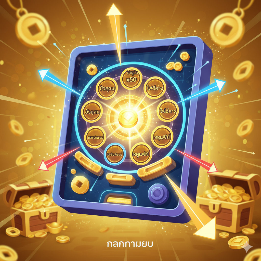 聚焦于'Hit'n Roll'独特功能的插图。画面中心是一个放大的、动态的滚轮或弹珠台机制，上面标有各种奖励，如'Multiplier x50'、'Sticky Wilds'和'Free Spins'，一个光球正落入其中一个高价值奖励槽。背景是游戏内金光闪闪的财富元素。使用箭头或放射状线条突出机制的刺激性和随机性，色彩对比鲜明的，强调技术性和高回报。配上小字泰文标注'กลไกทำเงิน' (赚钱机制)。