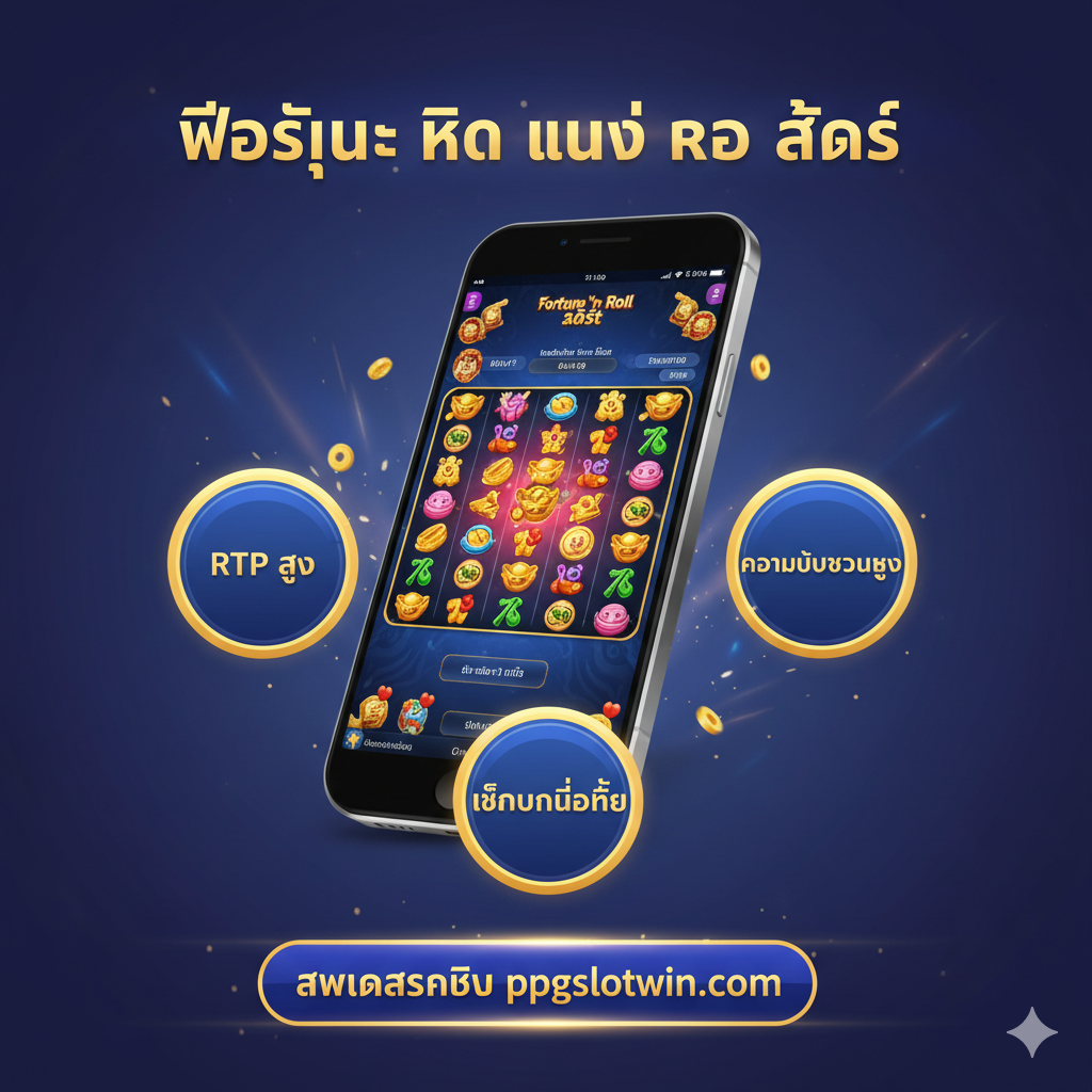 一张关于游戏策略和教程的图片。画面以俯视角度展示一个玩家正在使用手机或电脑玩《Fortune Hit'n Roll Slot》的场景，背景略微模糊，突出前景的策略信息。核心元素是三个带有编号的策略图示（如一个冷静的表情代表'玩得冷静'，一个钱袋增长的图表代表'管理资金'，一个暂停按钮代表'设置限制'）。整体风格简洁、信息图表化，使用蓝色和绿色等理性色彩，传达可靠和指导性的感觉，泰文小标题为'กลยุทธ์พิชิตโบนัส' (征服奖金的策略)。