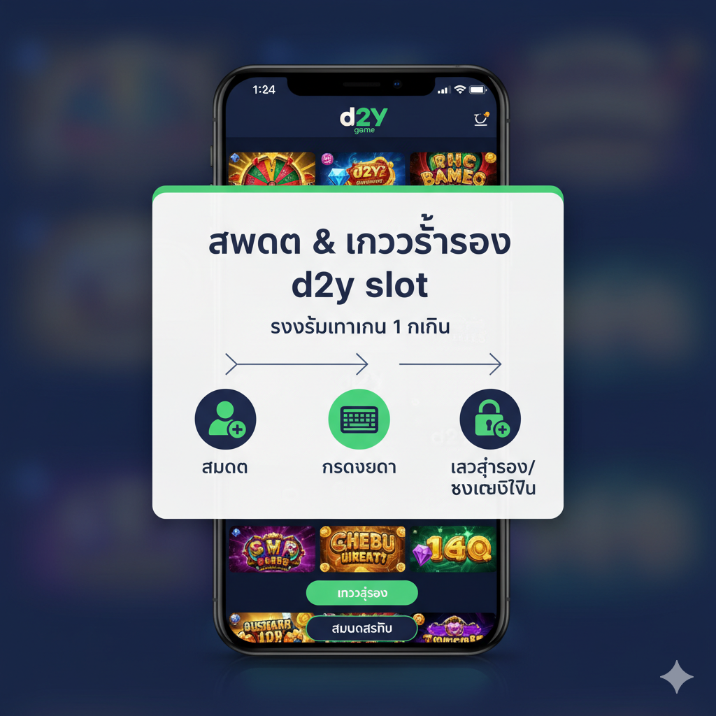 ภาพแสดงขั้นตอนการทำธุรกรรม (สมัคร/เข้าสู่ระบบ) ที่รวดเร็ว ใช้สไตล์แบบอินโฟกราฟิกที่สะอาดตาและทันสมัย โทนสีหลักเป็นสีน้ำเงินและเขียว (สื่อถึงความมั่นคงและความรวดเร็ว) แสดงภาพไอคอนขั้นตอน 3 ขั้นตอนที่เรียบง่าย: 1. สมัคร (รูปคน + เครื่องหมายบวก) 2. กรอกข้อมูล (รูปแป้นพิมพ์) 3. เข้าสู่ระบบ/รับเครดิตฟรี (รูปล็อค + สัญลักษณ์เหรียญ) เน้นข้อความภาษาไทย 'สมัคร & เข้าสู่ระบบ d2y slot' และ 'รวดเร็วภายใน 1 นาที' โดยมีฉากหลังเป็นหน้าจอมือถือที่แสดงแอปพลิเคชันเกมสล็อตบางส่วนของ d2y game