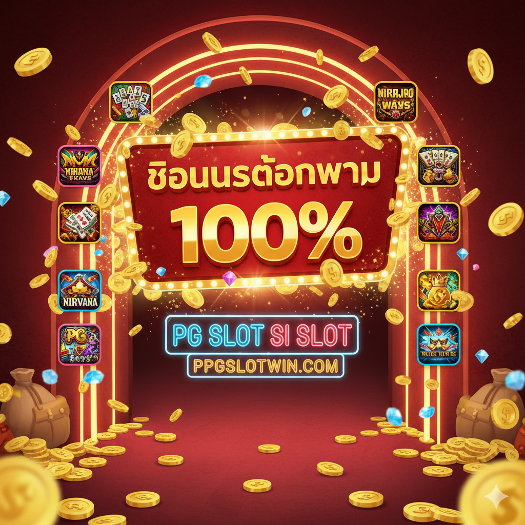 รูปภาพที่เน้นย้ำถึง '100% BONUS' และ PG Slot เกมยอดนิยม รูปภาพใช้สีแดง ทอง และเหลืองที่สว่างสดใส สื่อถึงการเฉลิมฉลองและของรางวัล โดยมีไอคอนเกม PG Slot อยู่รอบๆ ซึ่งแสดงให้เห็นว่าผู้เล่นจะได้รับผลกำไรมหาศาลและเล่นเกมที่ดีที่สุดที่ ppgslotwin.com