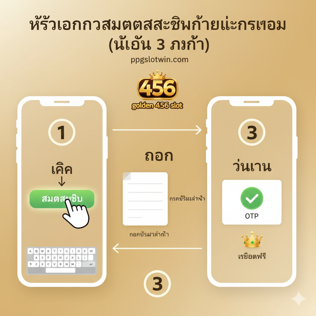 ภาพจำลองหน้าจอมือถือ, แสดงขั้นตอนการสมัครสมาชิกแบบ 3 ขั้นตอน. ขั้นที่ 1: 'คลิก' ปุ่ม 'สมัครสมาชิก'. ขั้นที่ 2: 'กรอก' ข้อมูลส่วนตัว. ขั้นที่ 3: 'ยืนยัน' รหัส OTP และรับเครดิตฟรี. ใช้ลูกศรและตัวเลข 1-2-3 เพื่อนำทางสายตา, เน้นย้ำความง่ายและความรวดเร็วในการใช้งานบนมือถือ