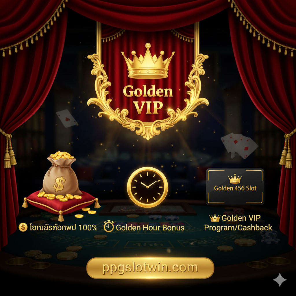 ภาพพื้นหลังคาสิโนหรูหรา, เน้นตราสัญลักษณ์ 'VIP' หรือมงกุฎ. มีไอคอน 3 อันที่แสดงถึงรางวัลที่แตกต่างกัน: ถุงเหรียญทองสำหรับโบนัสต้อนรับ 100%, นาฬิกาสำหรับ Golden Hour Bonus, และการ์ด VIP สำหรับ Golden VIP Program/Cashback. ภาพเน้นความพิเศษและมูลค่าสูงด้วยสีทองและสีพื้นหลังเข้ม