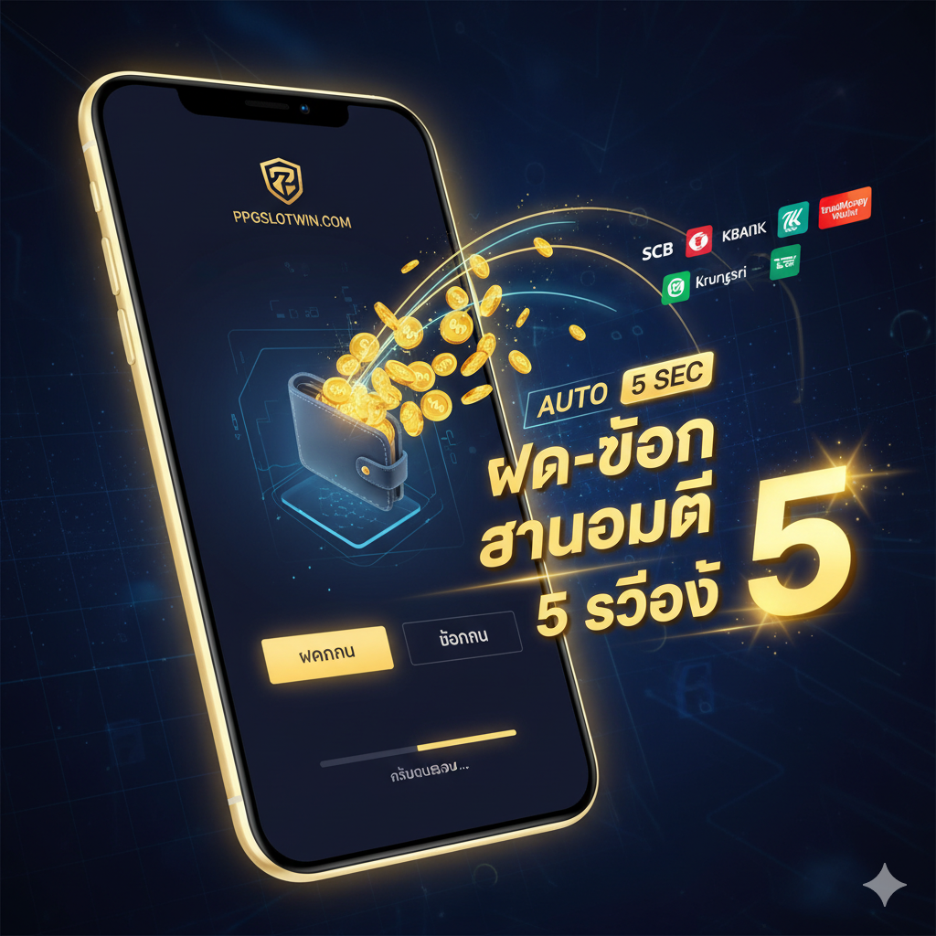 เน้นคุณสมบัติหลักคือ 'ระบบ Auto อัจฉริยะ' และ 'ความเร็ว 5 วินาที' โดยใช้ภาพของสมาร์ทโฟนหรือแท็บเล็ตแสดงหน้าจอแอปพลิเคชันที่กำลังทำการฝาก-ถอนเงินอย่างรวดเร็ว (อาจเป็นรูปแอนิเมชันของเหรียญที่พุ่งเข้า/ออกจากกระเป๋าสตางค์ดิจิทัล) ใช้สีทองหรือสีเหลืองสว่างเพื่อเน้นคำว่า 'Auto' และ '5 วินาที' สร้างลูกศรหรือเส้นทางข้อมูลที่พุ่งจากมือถือไปยังสัญลักษณ์ธนาคาร/True Wallet เพื่อสื่อถึงความรวดเร็วของการทำธุรกรรมแบบ Real-Time องค์ประกอบทั้งหมดควรดูสะอาดตาและมีความเป็นเทคโนโลยีสูง (Hi-Tech UI/UX) มีการเน้นข้อความภาษาไทย 'ฝาก-ถอน อัตโนมัติ 5 วินาที' อย่างชัดเจน