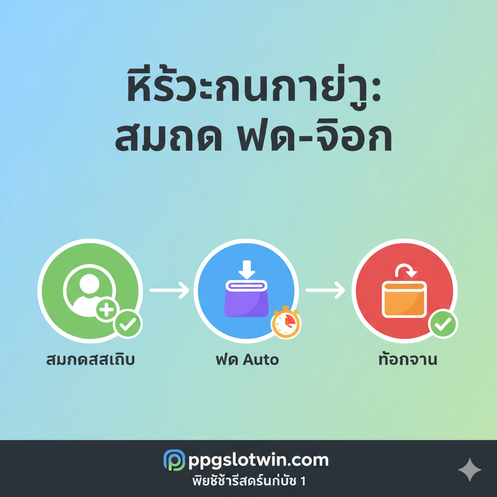 ภาพประกอบที่แสดงขั้นตอน 'สมัครสมาชิก' และ 'ฝาก-ถอน' อย่างง่ายดาย ออกแบบเป็นกราฟิก Infographic 3 ขั้นตอน (สมัคร, ฝาก Auto, ถอนด่วน) โดยใช้ไอคอนที่สื่อความหมายได้ชัดเจน เช่น ไอคอนรูปคนพร้อมเครื่องหมายบวก (สมัคร), ไอคอนลูกศรเงินเข้ากระเป๋า (ฝาก), และไอคอนลูกศรเงินออก (ถอน) ใช้พื้นหลังสีฟ้าอ่อนหรือเขียวอ่อนเพื่อความผ่อนคลายและดูเป็นมิตร เน้นความเรียบง่ายและรวดเร็วของการทำรายการ โดยใช้เส้นเชื่อมต่อระหว่างขั้นตอนเพื่อแสดงการไหลเวียนที่ต่อเนื่อง (Seamless Process) มีเครื่องหมายถูก (✅) หรือนาฬิกาจับเวลา (⏱️) เพื่อสื่อถึงความรวดเร็วในการดำเนินการแต่ละขั้นตอน