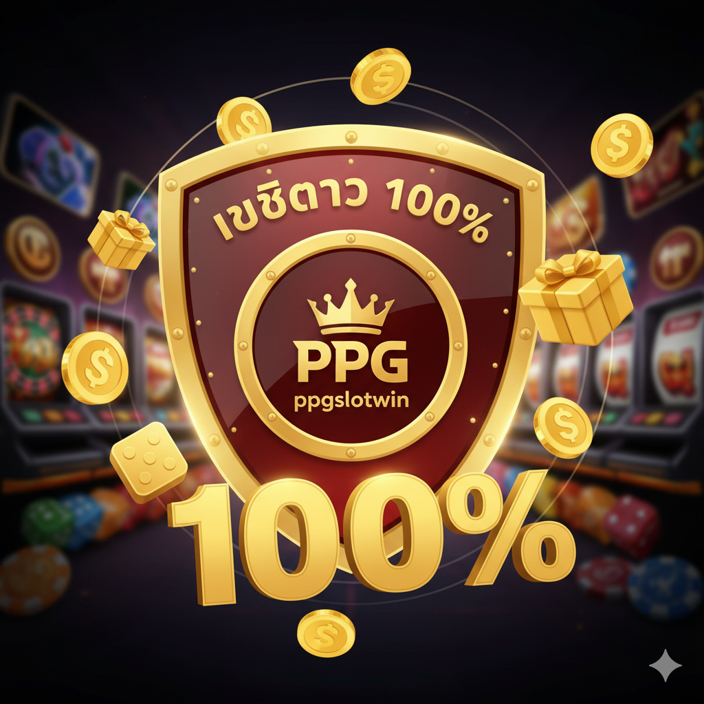 ภาพเน้นจุดแข็งด้าน 'เว็บตรง 100% ไม่ผ่านเอเย่นต์' และ 'โบนัส 100%' สร้างภาพของโล่ป้องกัน (Shield) หรือตราประทับที่มีข้อความ 'เว็บตรง 100%' และสัญลักษณ์ของ ppgslotwin อยู่ตรงกลาง ล้อมรอบด้วยเหรียญทองคำและไอคอนโบนัส (รูปของขวัญ) หรือเปอร์เซ็นต์ '100%' ที่ลอยเด่นอยู่ข้างๆ ภาพควรสื่อถึงความมั่นคงทางการเงินและความปลอดภัย ใช้สีแดงเข้มและสีทองเพื่อสื่อถึงอำนาจและความร่ำรวย โดยมีสัญลักษณ์ของสล็อตและเกมต่างๆ อยู่เบื้องหลังแบบพร่ามัว เพื่อย้ำว่าเป็นแพลตฟอร์มที่รวมเกมคุณภาพและโปรโมชั่นที่ดีที่สุด