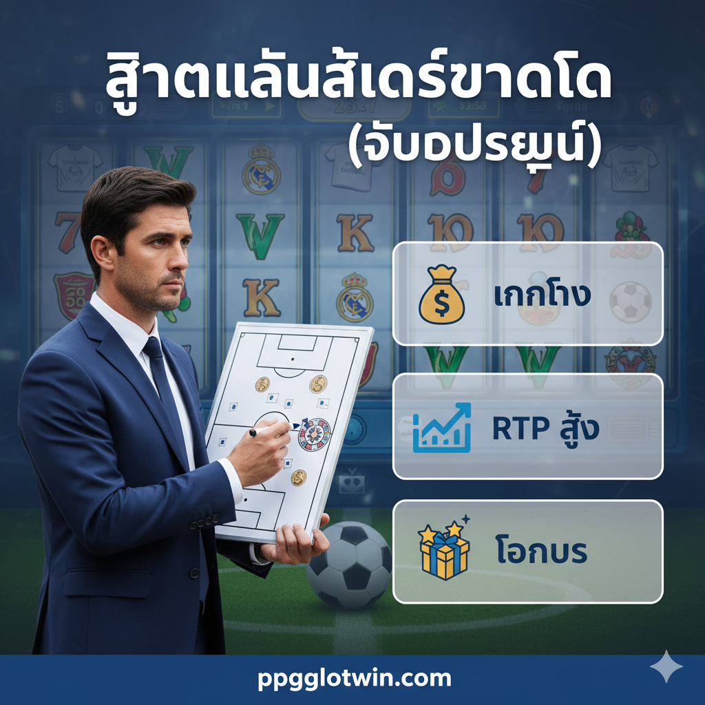 ภาพ展示“สูตรเล่นสล็อตมาดริด (ฉบับประยุกต์)” (马德里老虎机玩法(改编版)策略) 的教程。构图为一个穿着西装、手拿战术板的教练形象(或是一个抽象的策略图表),旁边叠加三个关键策略点(例如:เงินทุน-资金管理、RTP สูง-高RTP选择、โบนัส-利用奖金)的图标或文字。背景是半透明的老虎机画面,象征策略应用于游戏之中。整体风格应是专业、清晰、具有指导性,色彩以沉稳的蓝色、白色为主,突出“智慧”และ“计划”。