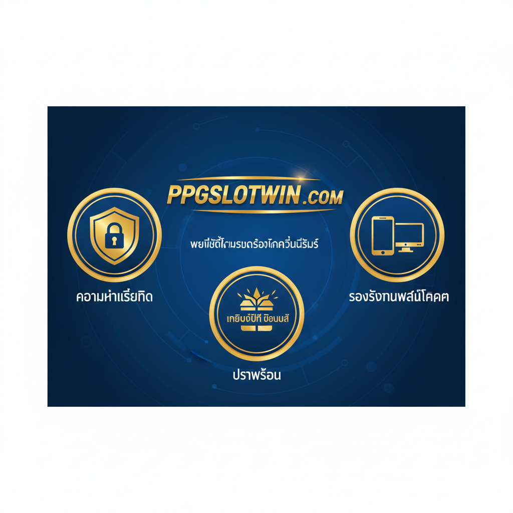 ภาพ突出PPGSLOTWIN作为平台的优势。画面元素集中于三个方面:1. ความน่าเชื่อถือ (可靠性):一个盾牌或安全锁图标;2. รองรับทุกแพลตฟอร์ม (多平台支持):一个手机、平板电脑和台式电脑的图标组合;3. โปรโมชั่น (促销):一个带有“เครดิตฟรี” (Free Credit) 或“โบนัส”字样的礼盒或爆炸性符号。三者围绕着一个醒目的“PPGSLOTWIN.COM”标志。整体构图简洁有力,色彩使用代表信任的蓝色和代表财富的金色,强调平台的服务和安全。