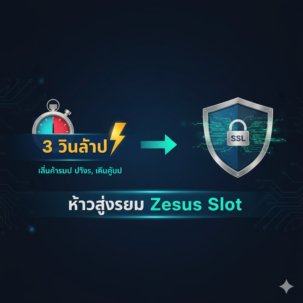 一张强调“快速”和“安全”功能特性的信息图。左侧是一个象征“快速”的秒表,秒表指针指向极短的时间,旁边配上“3 วินาที (3 Seconds)”和闪电符号,代表闪电般的存取款速度和快速登录。右侧是一个象征“安全”的盾牌图标,盾牌中心是SSL锁和加密代码,代表数据加密保护。中间用一个醒目的箭头连接,箭头上写着“Zeus Slot Login”字样。整体风格现代、科技感强,使用蓝绿色和金色调。