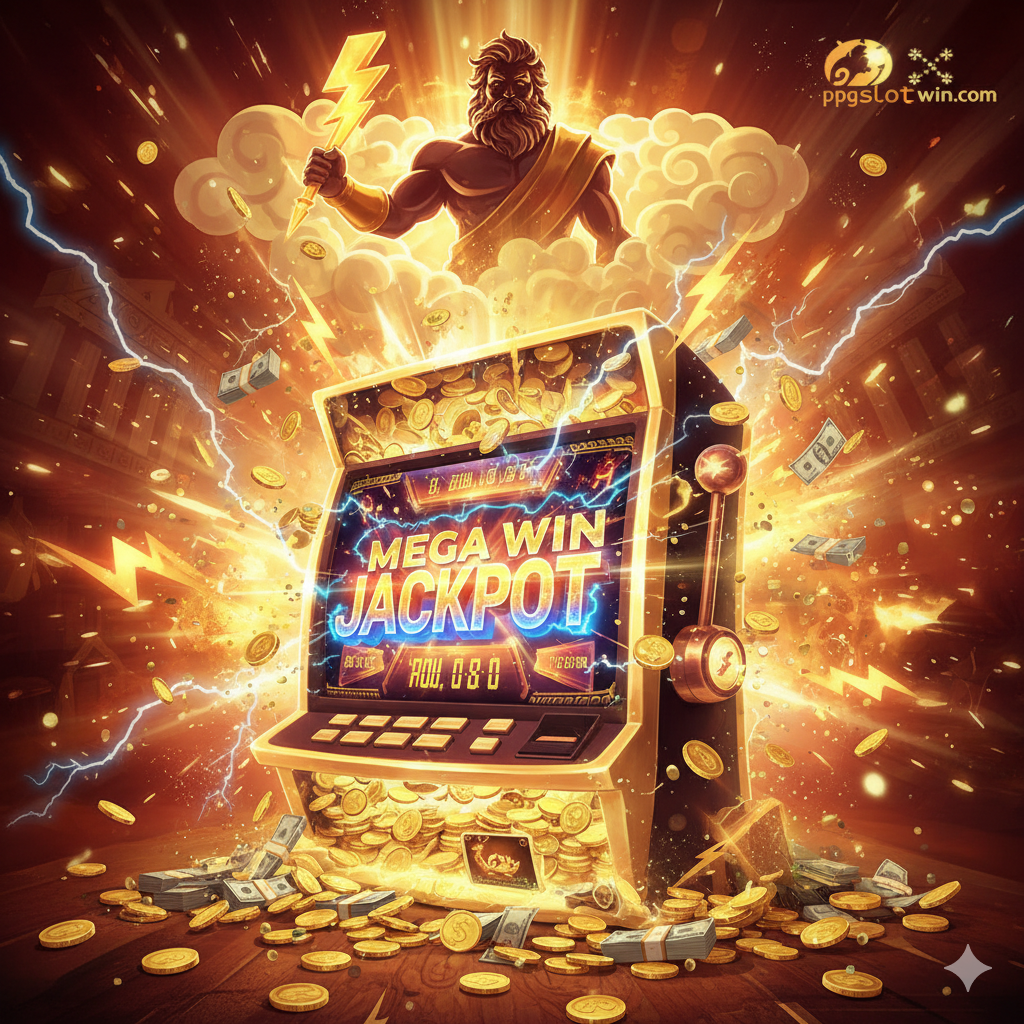 一张激励和总结性的图片,强调登录后的巨大回报。核心视觉是一个巨大的老虎机(Slot Machine),其屏幕上显示着“MEGA WIN”或“JACKPOT”的字样,周围有大量的金币、闪电和爆炸性的光芒。老虎机上方悬浮着Zeus的剪影或标志,暗示他的祝福。图片充满活力和爆发力,使用暖色调如金色和红色来激发玩家的兴奋感,作为行动号召(Call to Action)的视觉总结。
