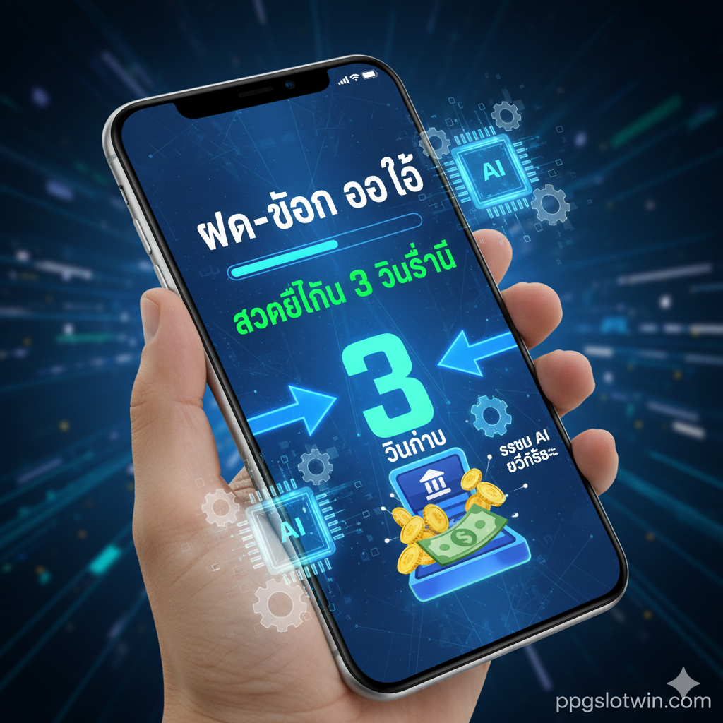 专注于文章中“ฝาก-ถอน ออโต้ (Auto Deposit-Withdrawal)”的功能特点。图片应展现速度和效率。视觉元素包括一个智能手机屏幕界面,显示快速完成的交易,如“Transaction Successful: 3 Seconds”。色彩采用科技蓝、亮绿和白色,传达快速、安全、自动化的概念。可以加入一个AI芯片或齿轮的抽象元素,象征“ระบบ AI อัจฉริยะ (AI Intelligent System)”。构图简洁有力,将“3 วินาที (3 Seconds)”这个关键数字突出放大,用箭头指向一个满是金钱的虚拟银行账户,强调即时到บัญชี。